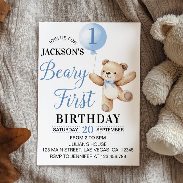 Teddy Blue Balloon Beary First Birthday Invitation (Creator Uploaded)