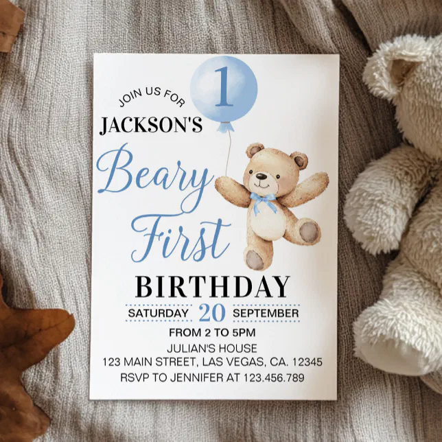 Teddy Blue Balloon Beary First Birthday Invitation | Zazzle
