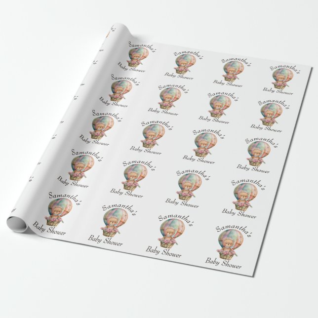 Teddy Boy Foral Hot Air Balloon Baby Shower  Wrapping Paper (Unrolled)