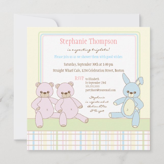 Teddy & Bunny Triplets Baby Shower Invitation (Front)