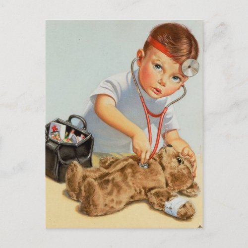 Teddy Checkup _ Cute Vintage Art Get Well Soon Postcard