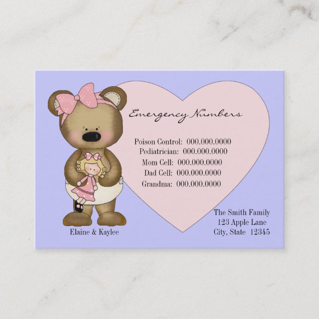 Teddy Emergency Numbers Babysitters Card (Front)