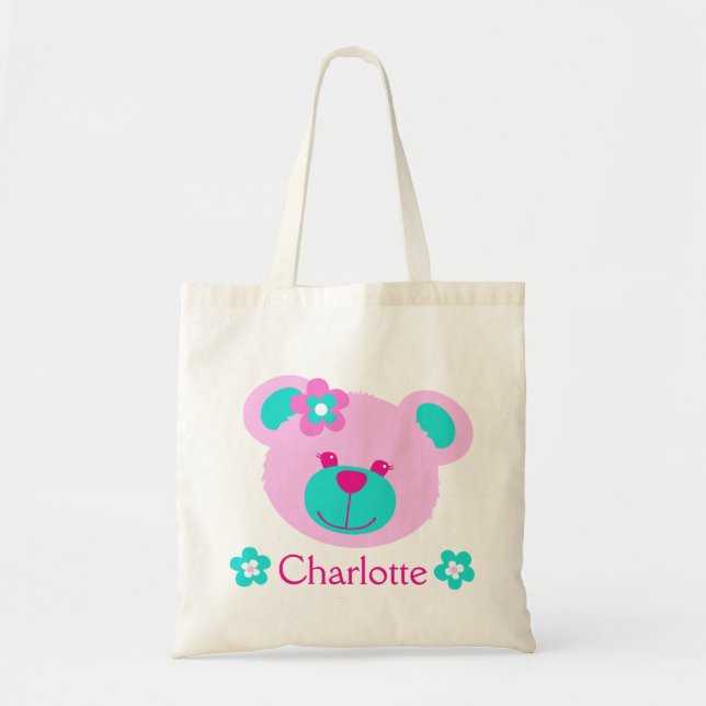 Teddy face pink aqua personalized name bag (Front)
