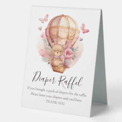 Teddy Floral Girl Hot Air Balloon Raffel CARD  Table Tent Sign