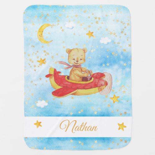  Teddy Flying Air Plane Moon Stars Clouds Baby Blanket