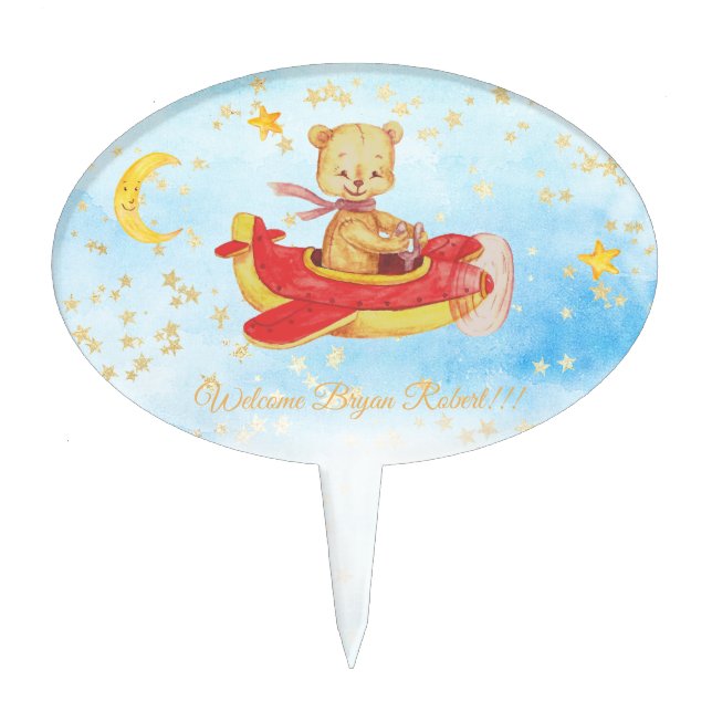 *~* Teddy Flying Air Plane Stars Moon Clouds Cake Topper (Front)