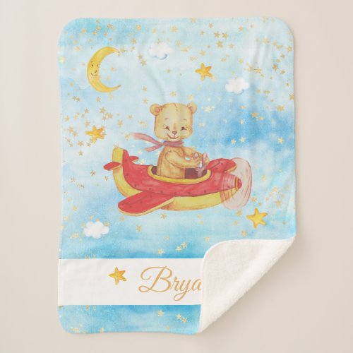  Teddy Flying Air Plane Stars Moon Clouds Sherpa Blanket