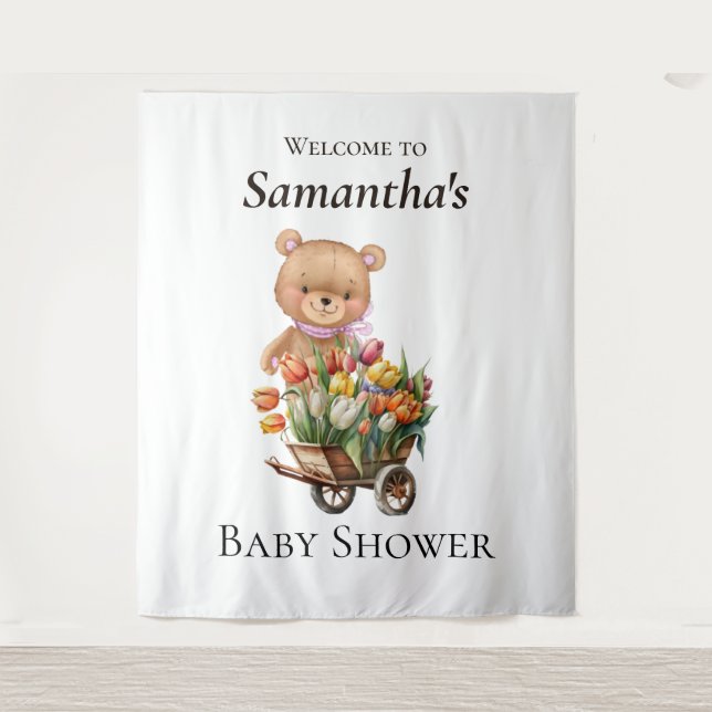 Teddy Foral Girl  Rustic Baby Shower backdrop (Front)