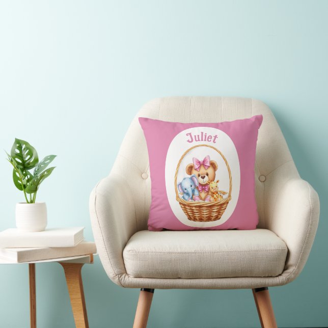 Teddy & friends in a basket throw pillow (Chair)