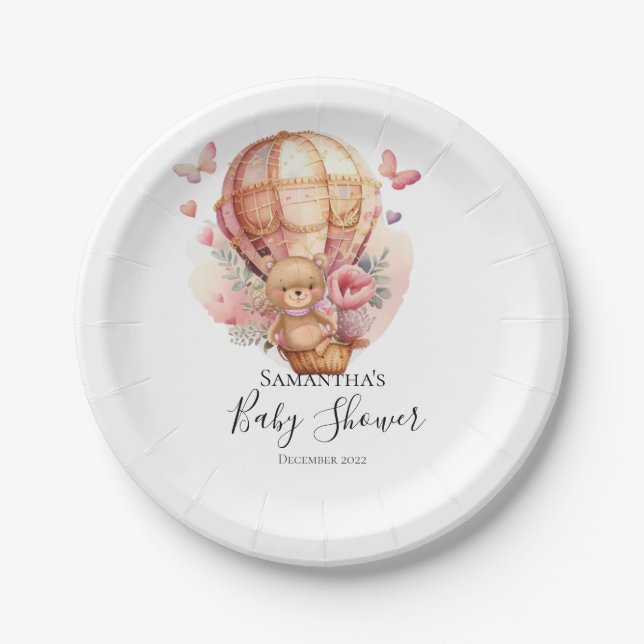 Teddy Girl Foral hot air Balloon Pink Paper Plates (Front)
