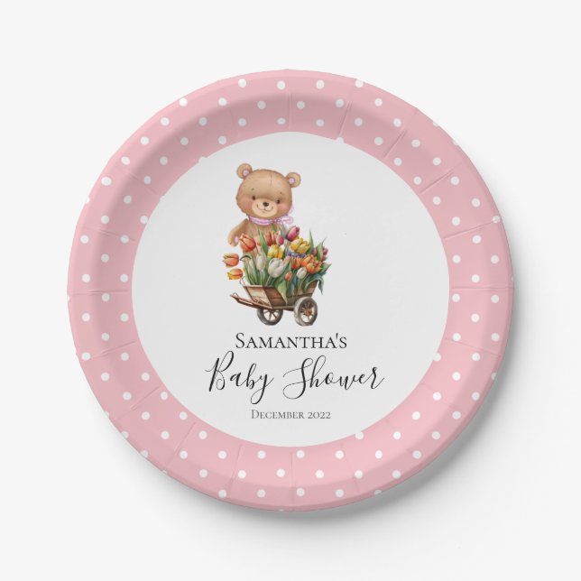 Teddy Girl Foral Rustic Dots Pink Paper Plates (Front)