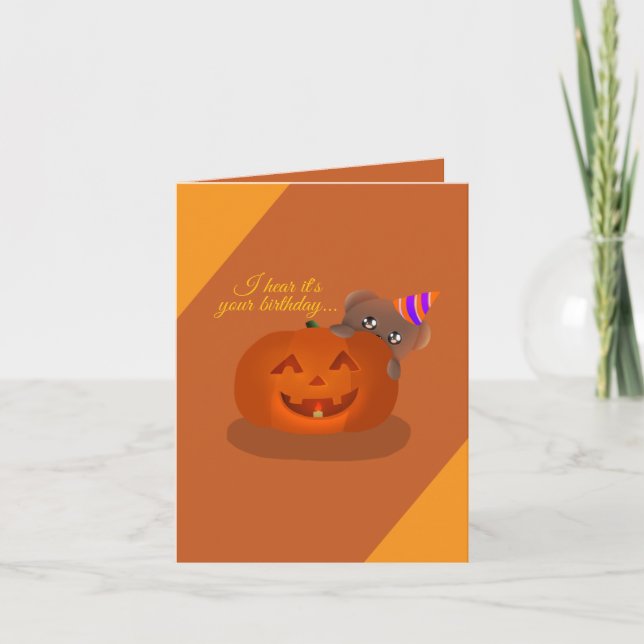 Teddy Hiding Behind a Pumpkin Birthday Card (Front)