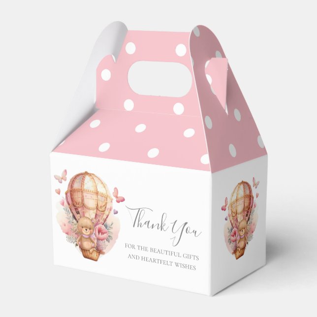 Teddy Hot Air Balloon Pink Poka Dots Favor Boxes (Front Side)