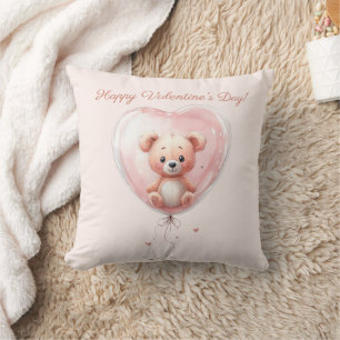 Teddy in Heart Balloon Valentines Design Throw Pillow