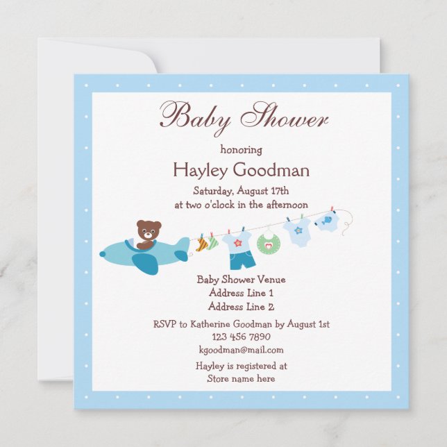 Teddy in Plane & Clothesline Blue Baby Shower Invitation (Front)