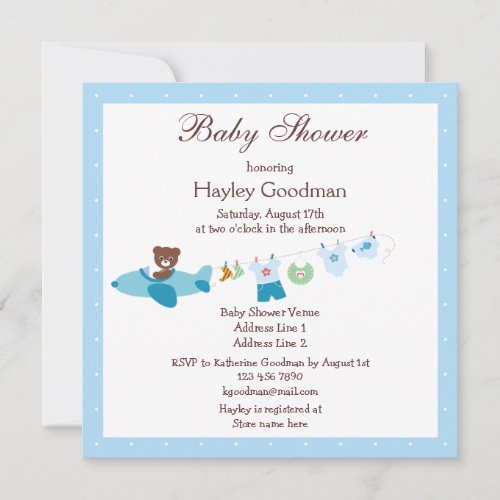 Teddy in Plane &amp; Clothesline Blue Baby Shower Personalized Invite