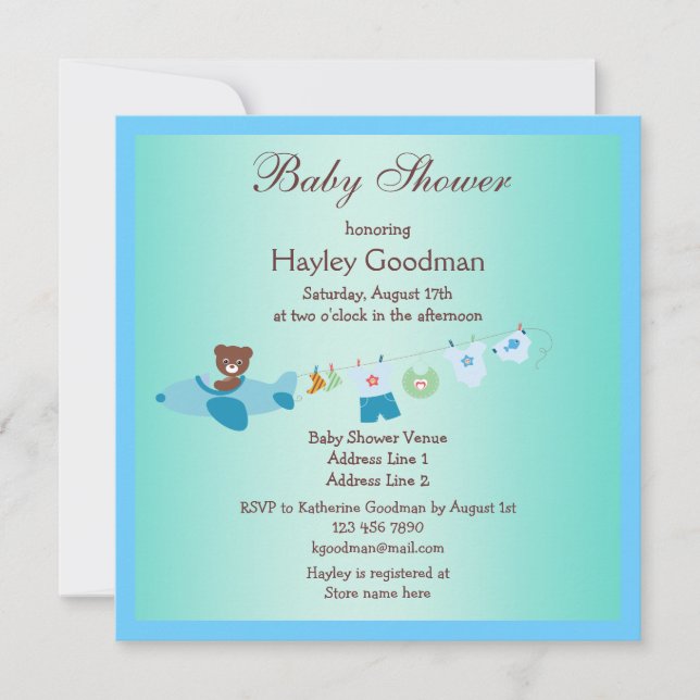Teddy in Plane & Clothesline Blue Baby Shower Invitation (Front)