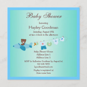 Teddy in Plane & Clothesline Blue Baby Shower Invitation