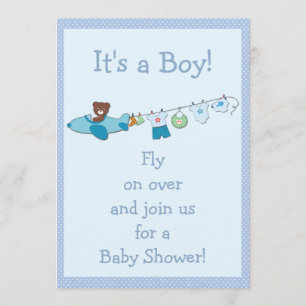 Teddy in Plane & Clothesline Blue Boy Baby Shower Invitation