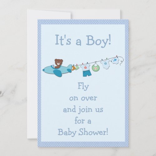 Teddy in Plane &amp; Clothesline Blue Boy Baby Shower Cards