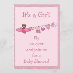 Teddy in Plane & Clothesline Pink Girl Baby Shower Invitation