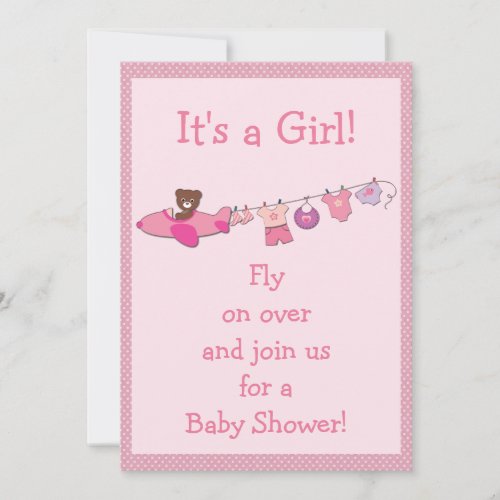 Teddy in Plane  Clothesline Pink Girl Baby Shower Invitation