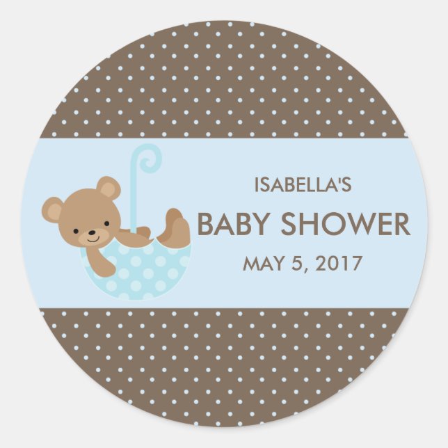 Teddy In Umbrella (Blue) Favor Bag Stickers (Front)