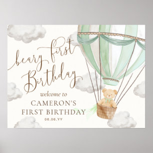 Teddy Mint Hot Air Balloon Beary First Birthday Poster
