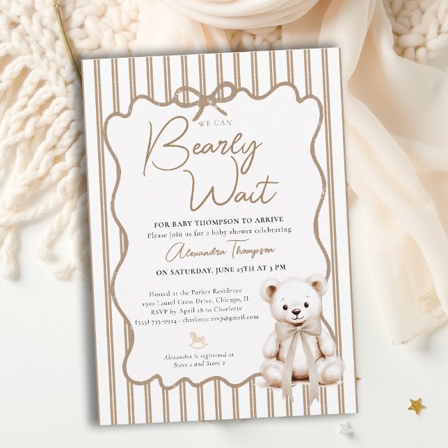 Teddy Neutral Stripes Bearly Wait Bow Baby Shower Invitation (bearly wait baby shower invitation neutral stripes modern classic nursery teddy bear bow)