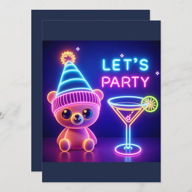 Teddy Party Time Neon Pink Invitation (Front/Back)