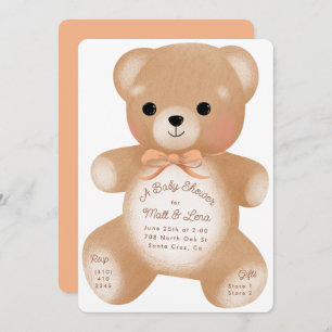 Teddy Peach Bow Baby Shower Invitation