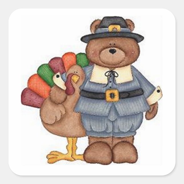 Teddy Pilgrim And Turkey Square Sticker (Front)