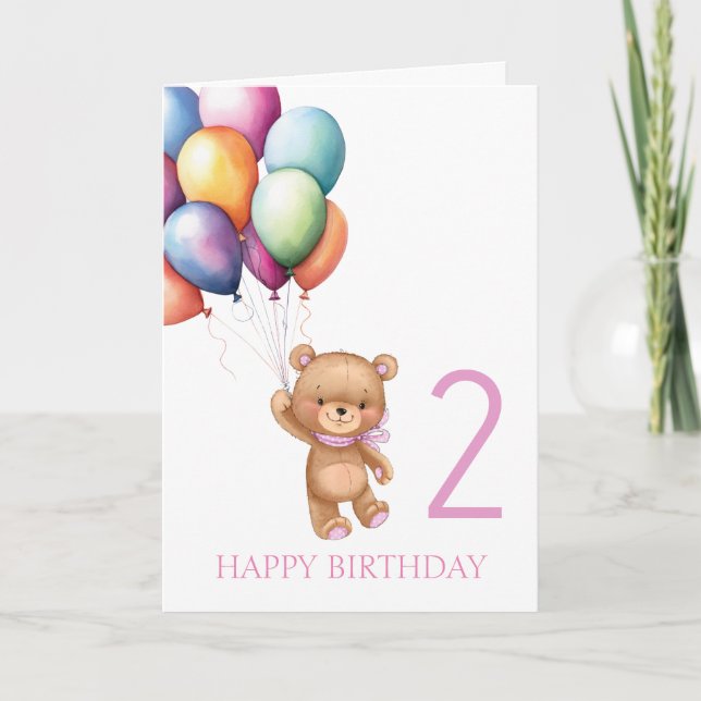 Teddy Pink 2nd Birthday Balloons Card (Front)