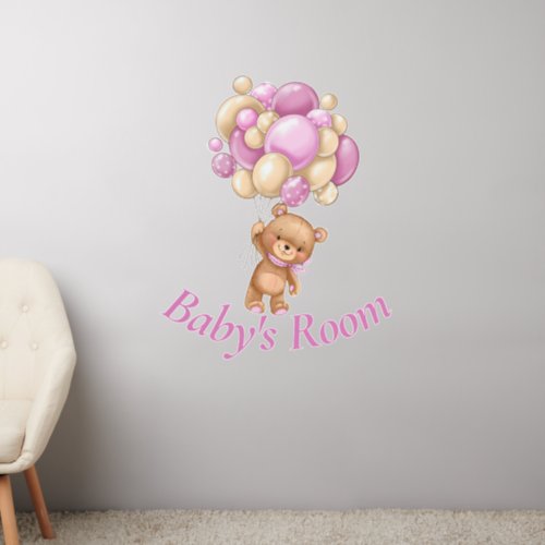 Teddy  Pink Balloon Babys Room   Wall Decal