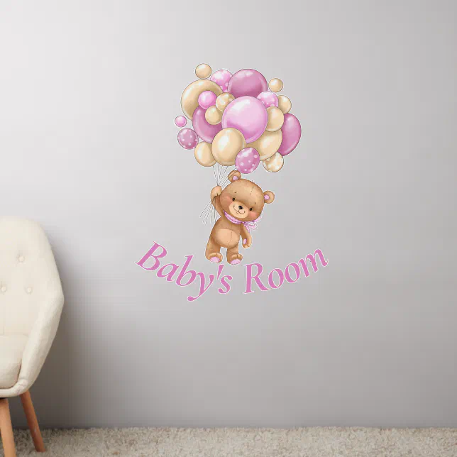 Teddy Pink Balloon Baby's Room Wall Decal Zazzle