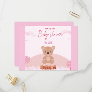 Teddy Pink Bear Girl wait baby shower invitation Postcard