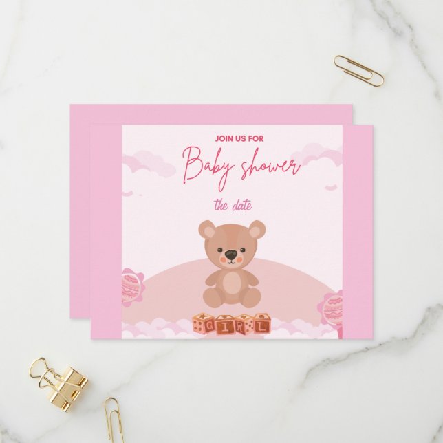 Teddy Pink Bear Girl wait baby shower invitation Postcard (Front/Back In Situ)