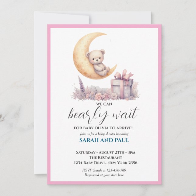 Teddy Pink Bear We Can Bearly Wait  Invitation (Front)