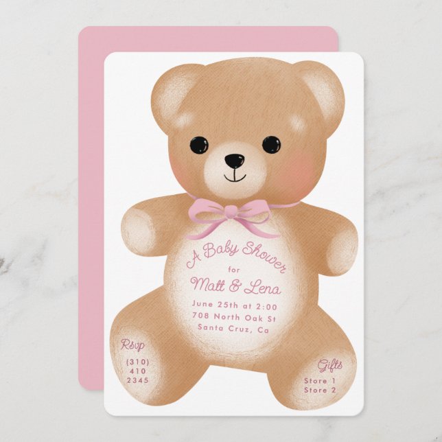 Teddy Pink Bow Baby Shower Invitation (Front/Back)