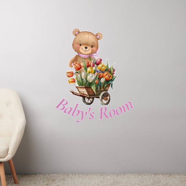Teddy  Pink Floral Rustic Baby's Room Wall Decal (Living Room 2)