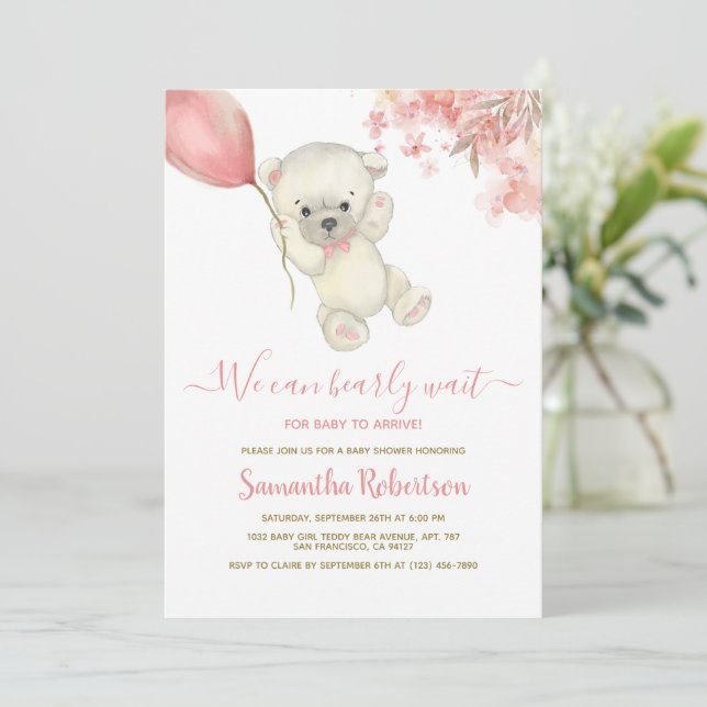 Teddy Polar Bear Pink Balloon Girl Baby Shower Invitation (Standing Front)