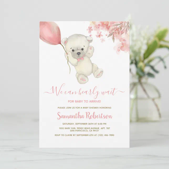 Teddy Polar Bear Pink Balloon Girl Baby Shower Invitation | Zazzle