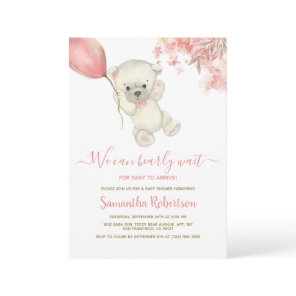 Teddy Polar Bear Pink Balloon Girl Baby Shower Invitation