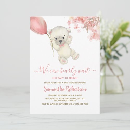 Teddy Polar Bear Pink Balloon Girl Baby Shower Invitation