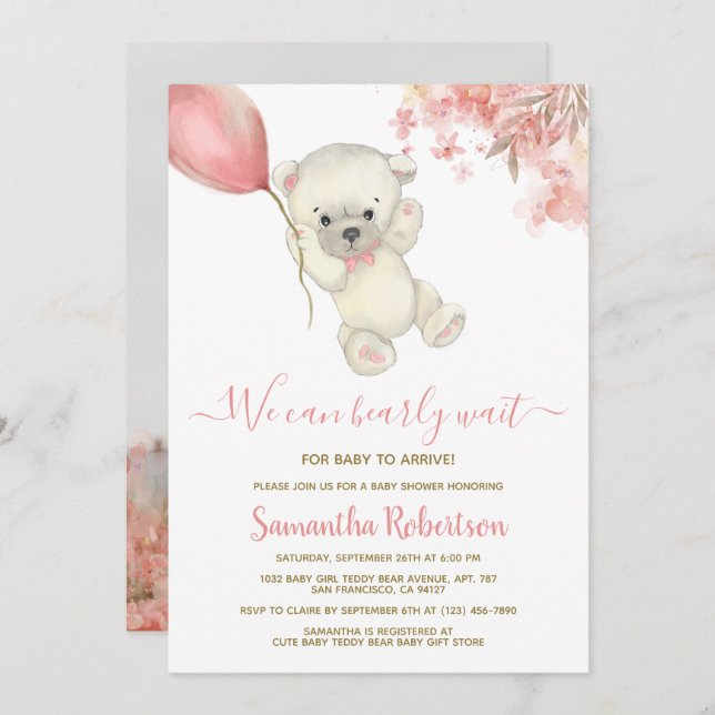Teddy Polar Bear Pink Balloon Girl Baby Shower Invitation (Front/Back)