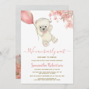 Teddy Polar Bear Pink Balloon Girl Baby Shower Invitation