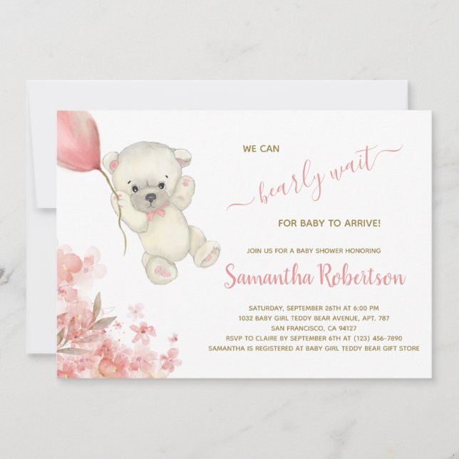 Teddy Polar Bear Pink Balloon Girl Baby Shower Invitation (Front)