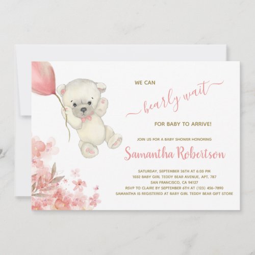 Teddy Polar Bear Pink Balloon Girl Baby Shower Invitation