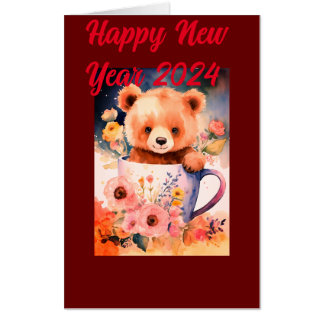 Teddy Print Happy New Year Greeting Card .