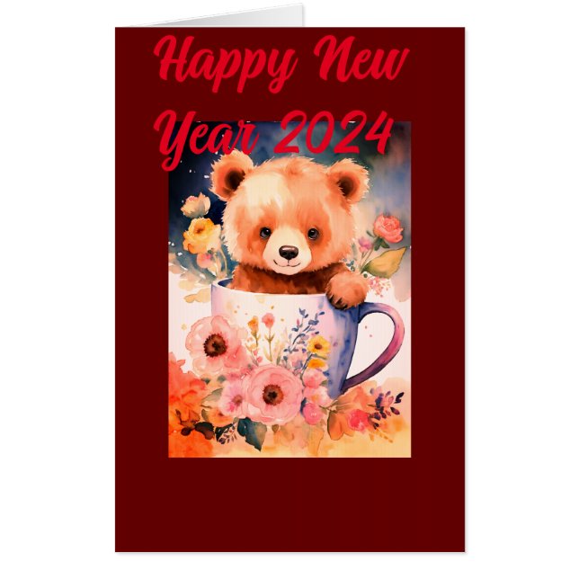 Teddy Print Happy New Year Greeting Card . (Front)